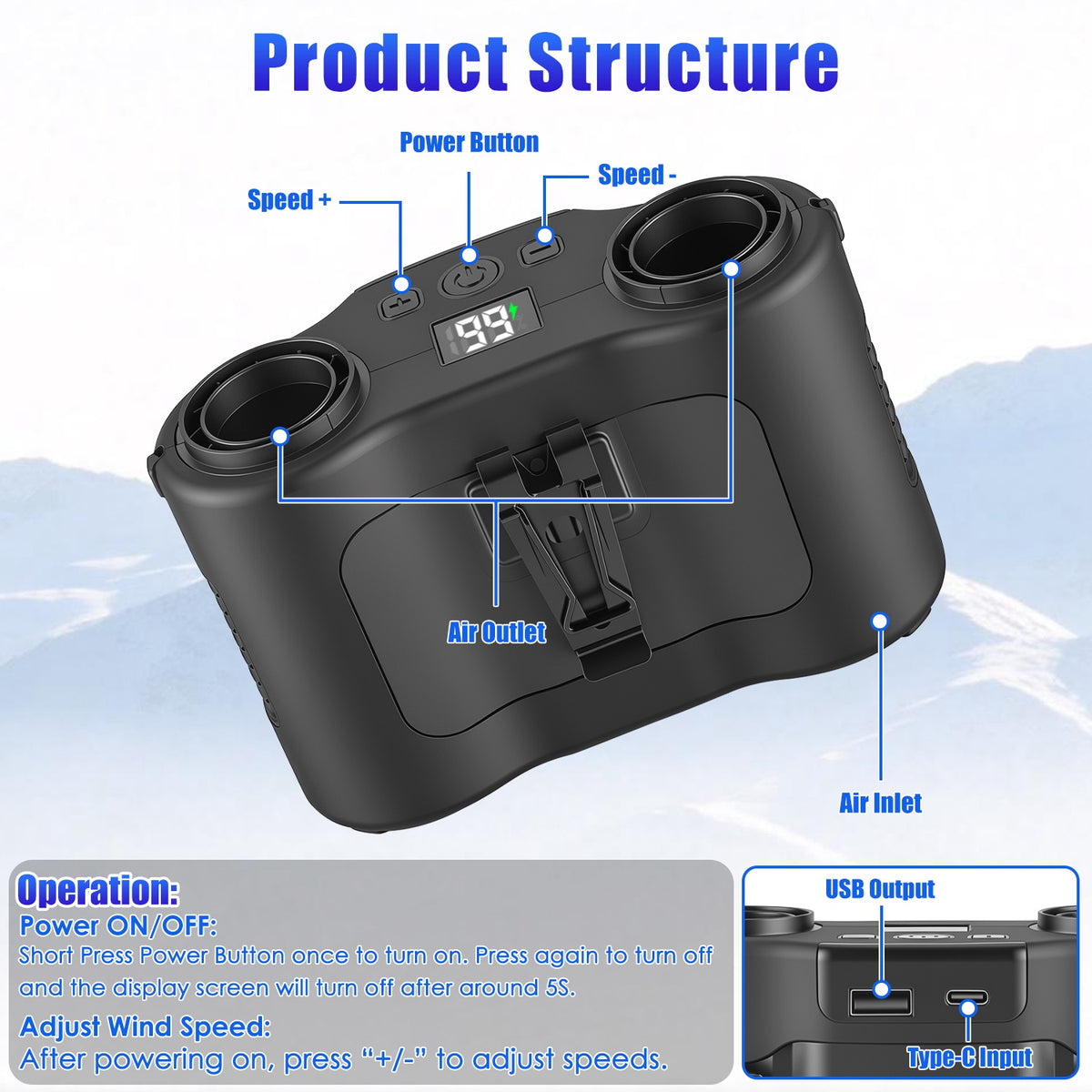 16,000mAh Dual-Turbine Wearable Waist Fan