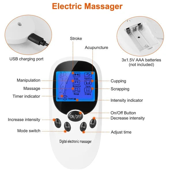Dual-Channel Electric Pulse Massager with Eight Electrode Pads