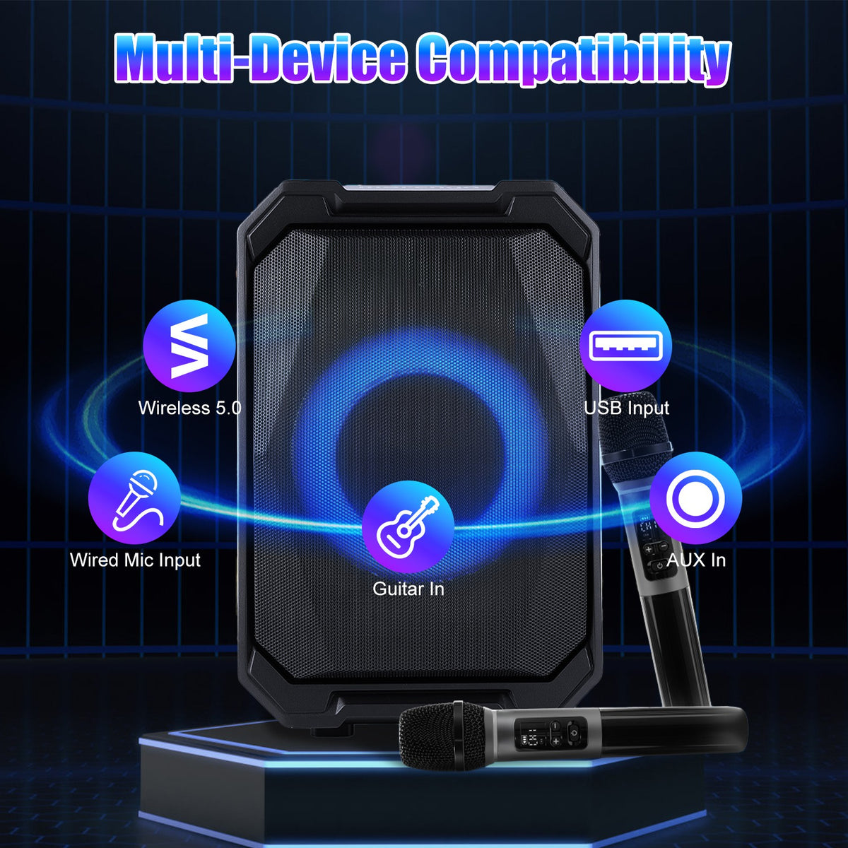 Portable Karaoke Speaker with Two Mics and LED Lights