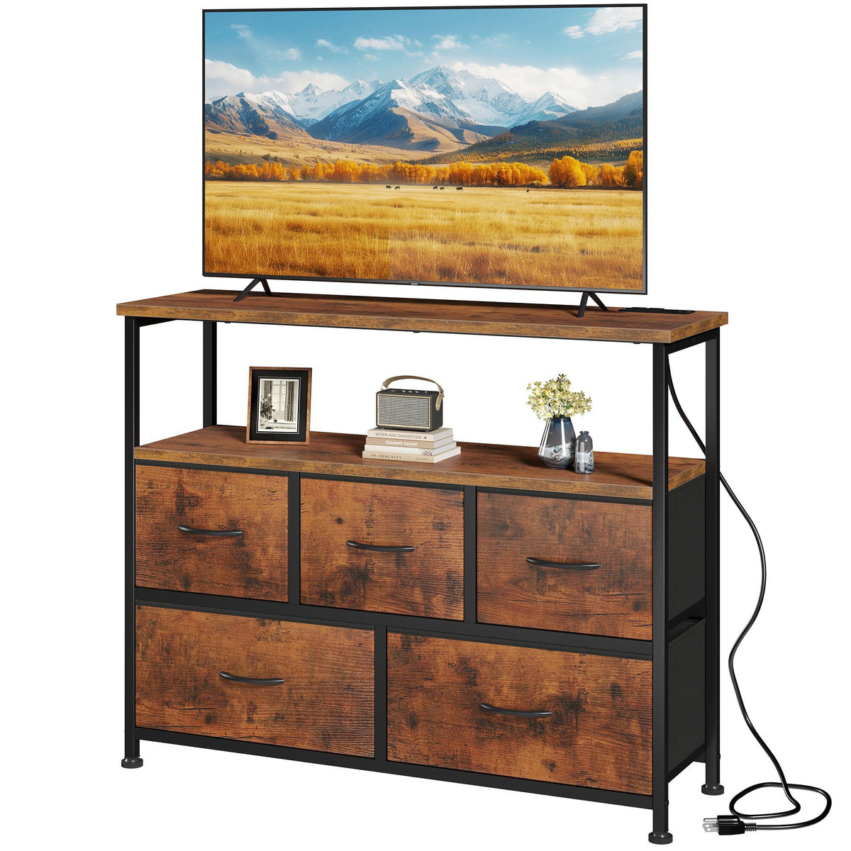 TV Cabinet with 5 Fabric Drawers and Charging Station