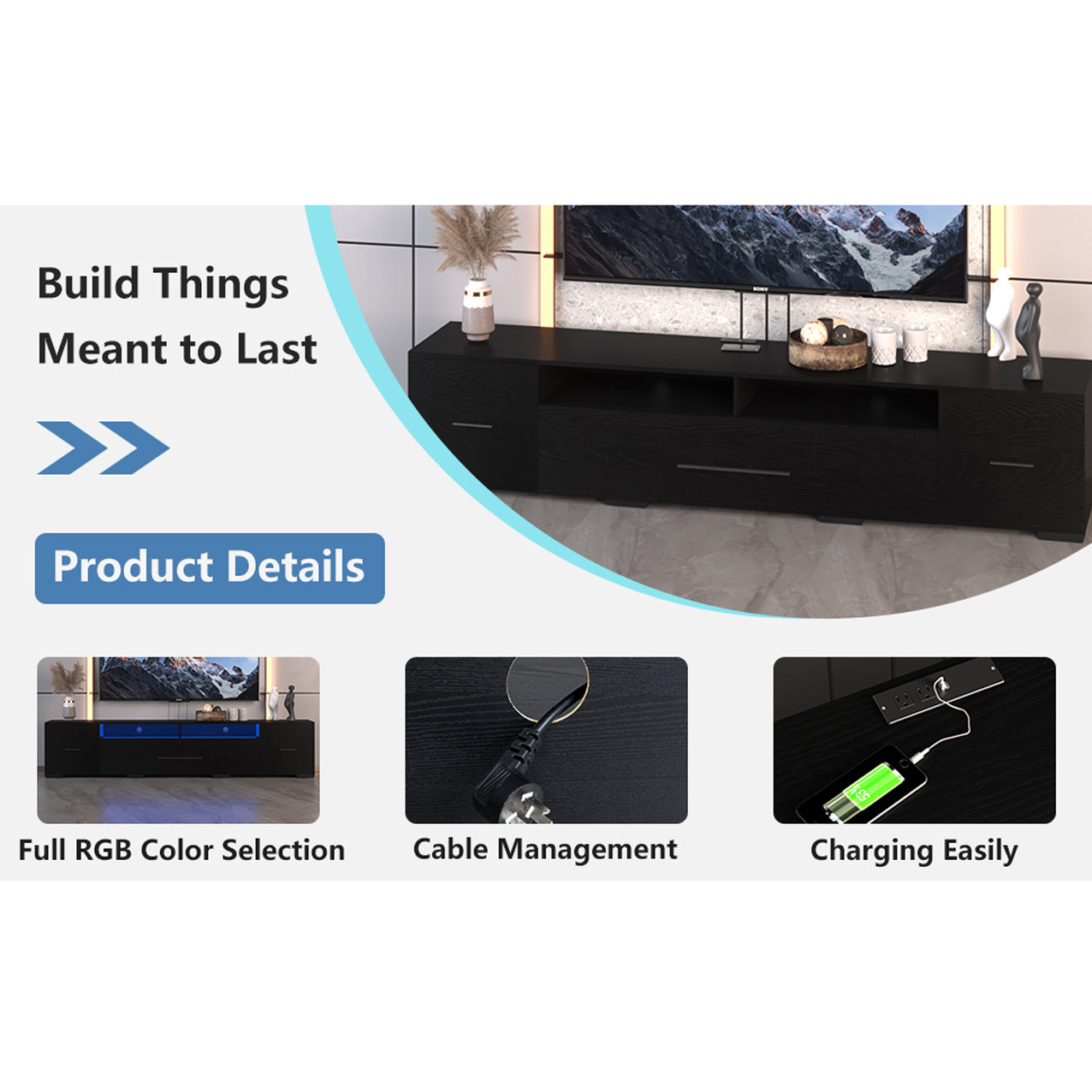 TV Console With Storage Cabinet Modern Entertainment Center 31 Modes Changing Lights