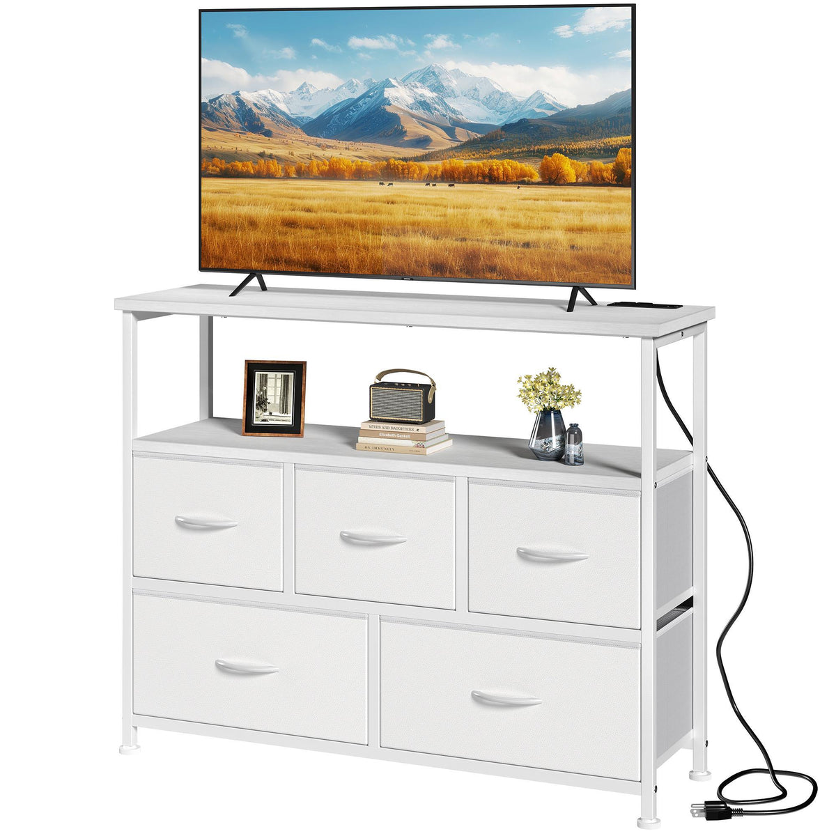 TV Cabinet with 5 Fabric Drawers and Charging Station