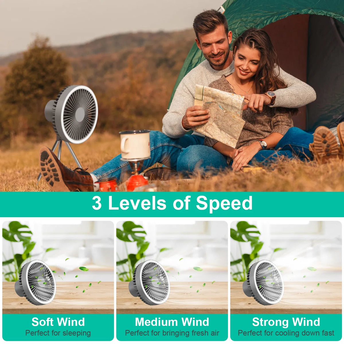 Rechargeable Camping Fan with LED Lantern and Tripod