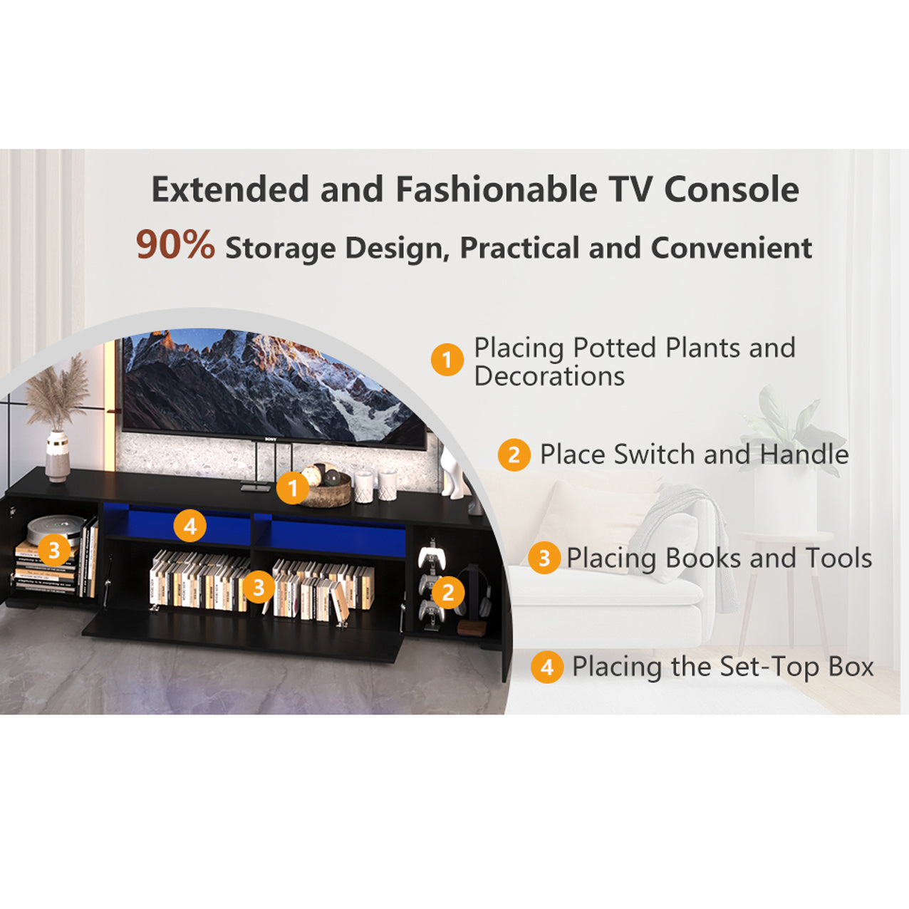 TV Console With Storage Cabinet Modern Entertainment Center 31 Modes Changing Lights