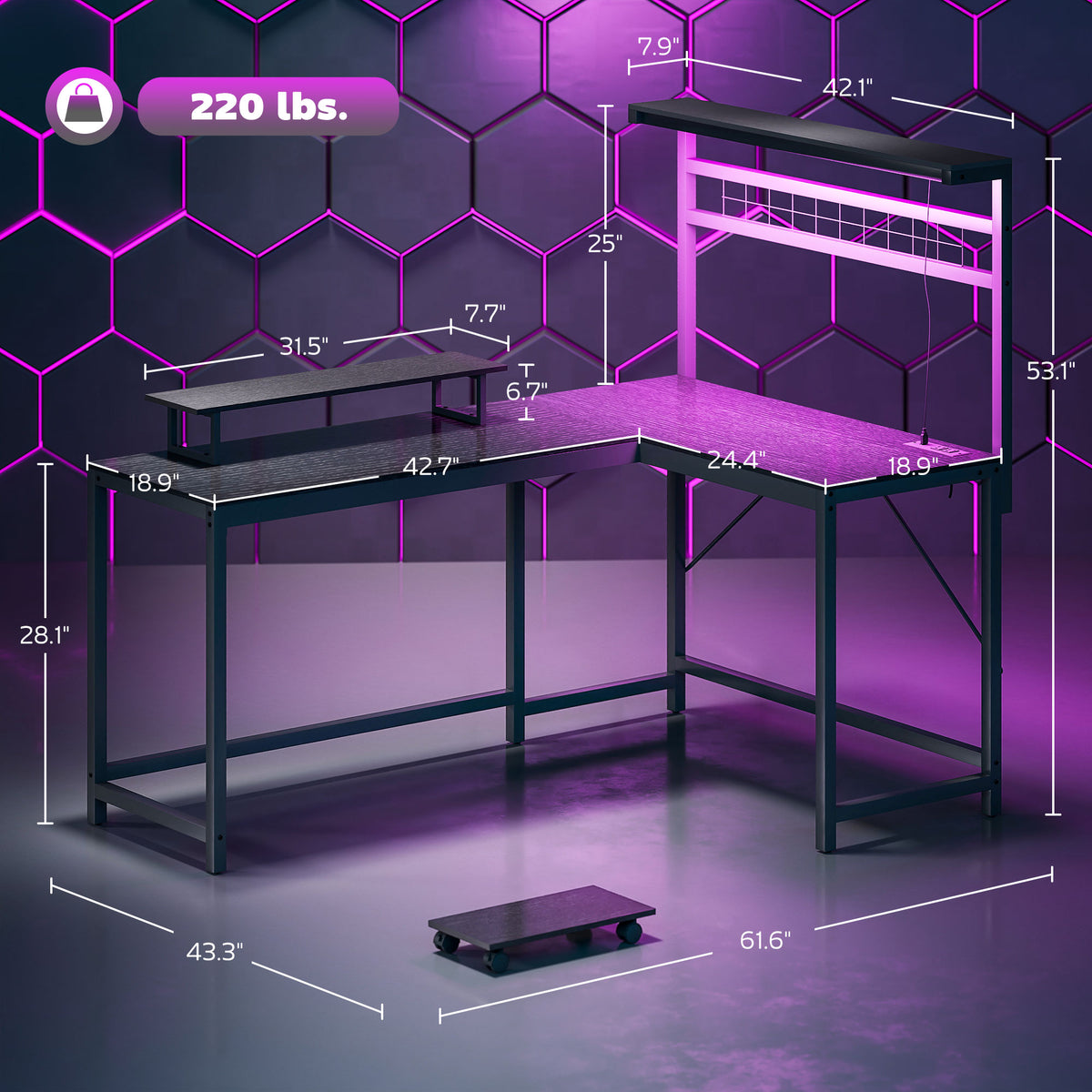 61.6 in. L-Shaped Gaming Desk with LED Lights