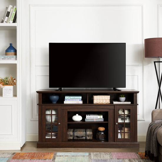 Classic TV Media Stand Modern Entertainment Console For TV Up To 65 With Open And Closed Storage Space, Espresso, 58.25Wx15.75Dx32H