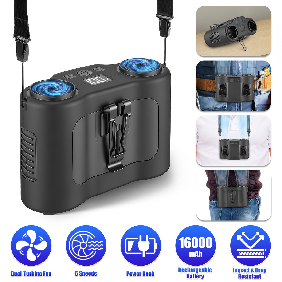 16,000mAh Dual-Turbine Wearable Waist Fan