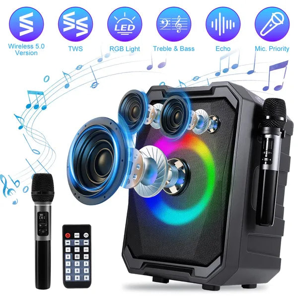 Portable Karaoke Party Speaker with Two Wireless Mics
