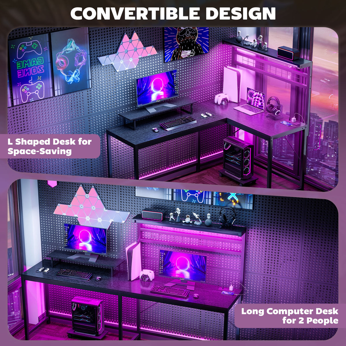 61.6 in. L-Shaped Gaming Desk with LED Lights