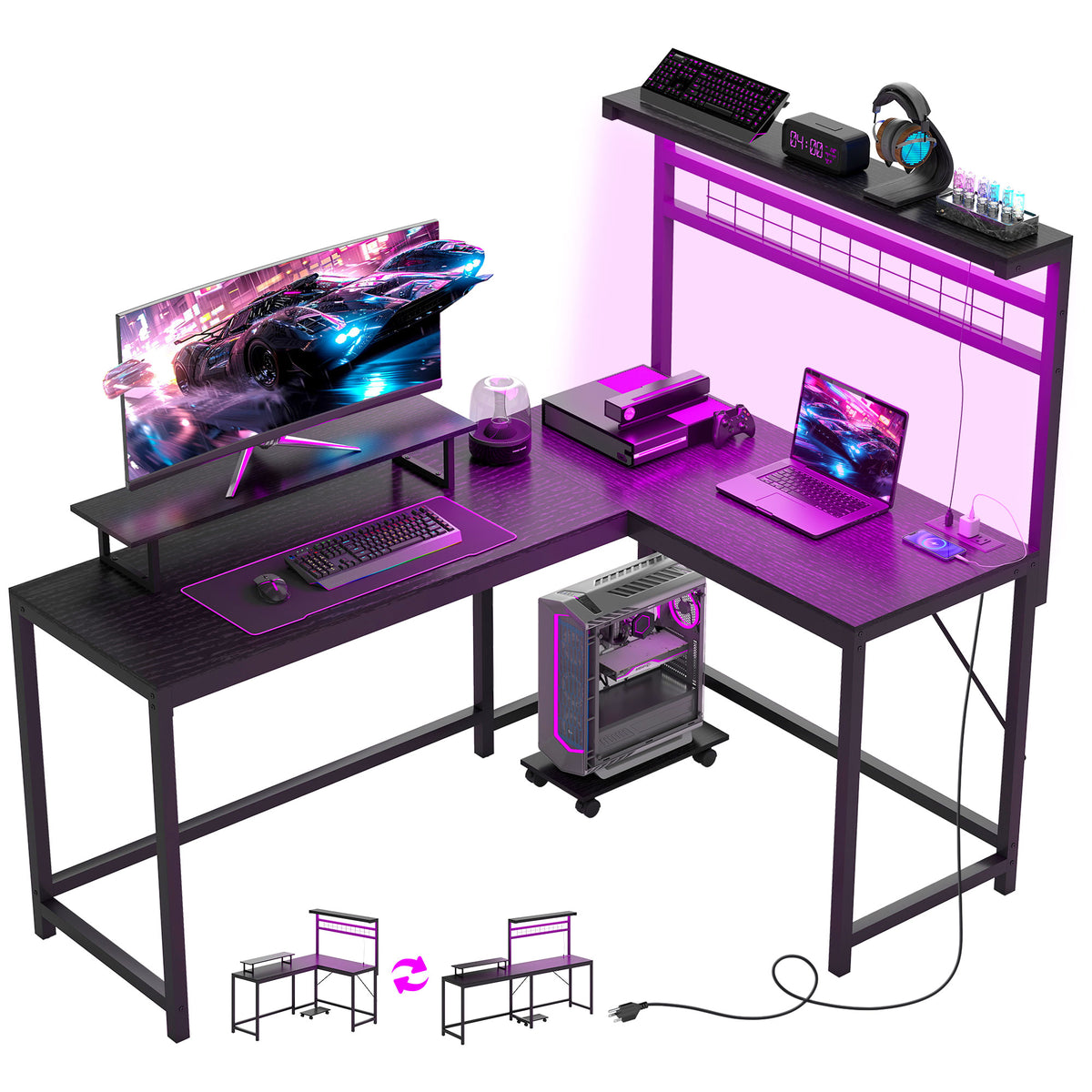 61.6 in. L-Shaped Gaming Desk with LED Lights