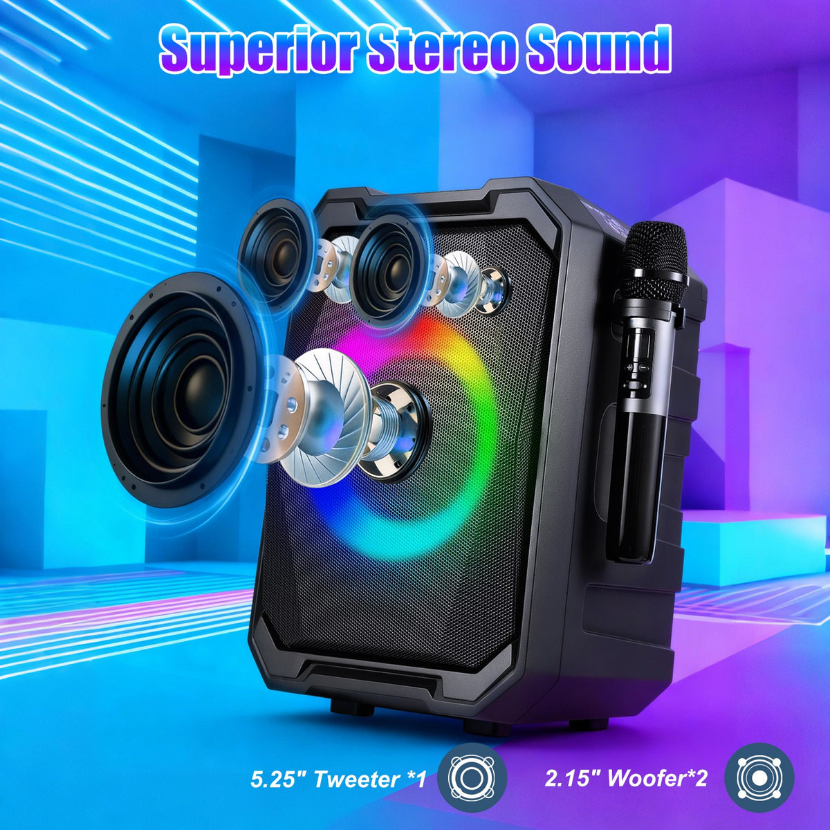 Portable Karaoke Speaker with Two Mics and LED Lights