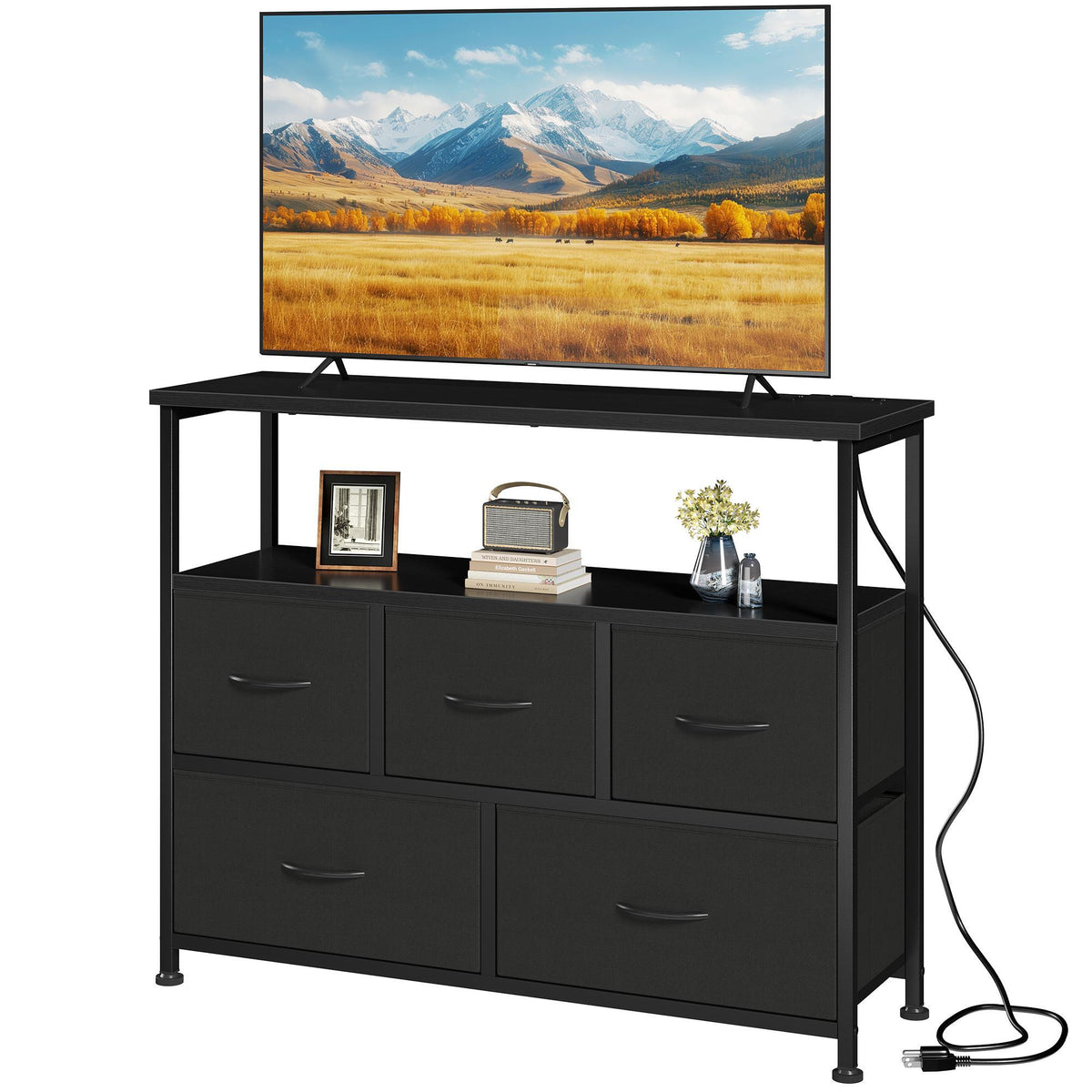 TV Cabinet with 5 Fabric Drawers and Charging Station